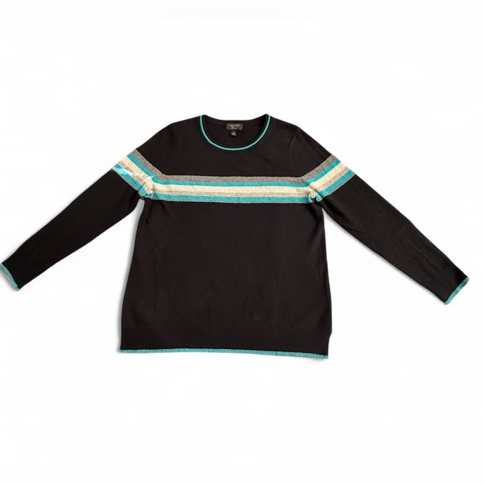 Charter Club Men's Black 100% Cashmere sweater with Teal and Beige Stripes